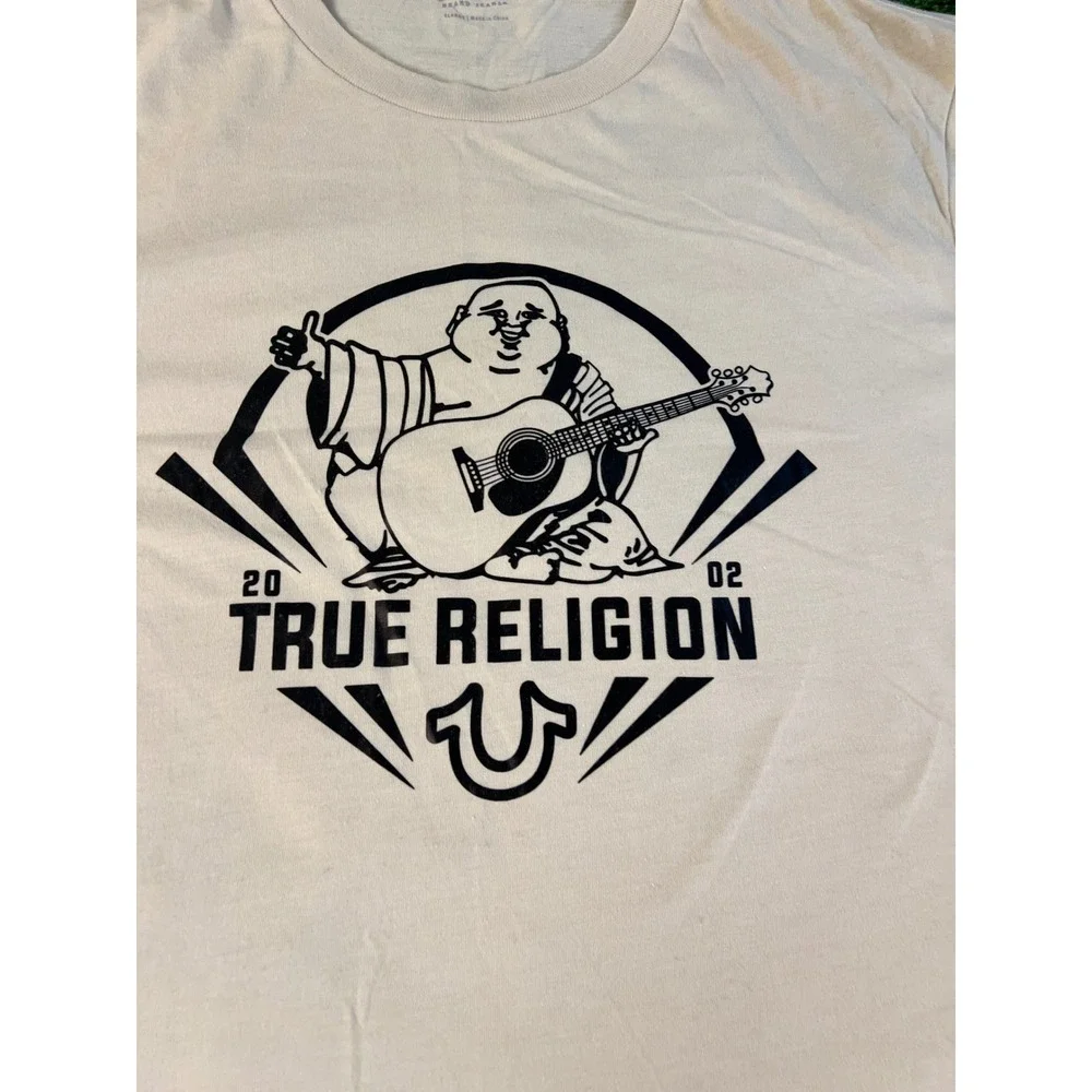 True Religion Mens Buddha Guitar Graphic T-Shirt Cream Beige XL Short Sleeve